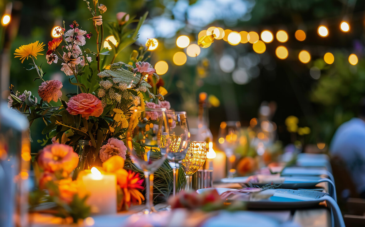 Elegant backyard garden dinner party under string lights