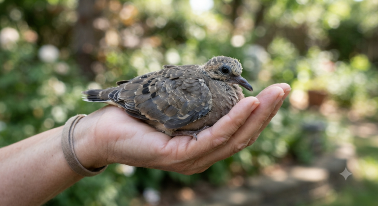 Young dove resting in a woman's hand in a backyard garden