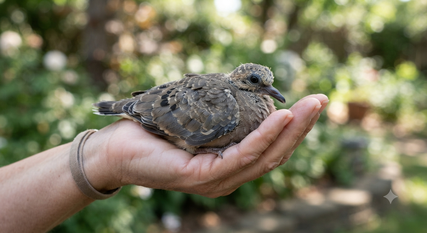 Young dove resting in a woman's hand in a backyard garden