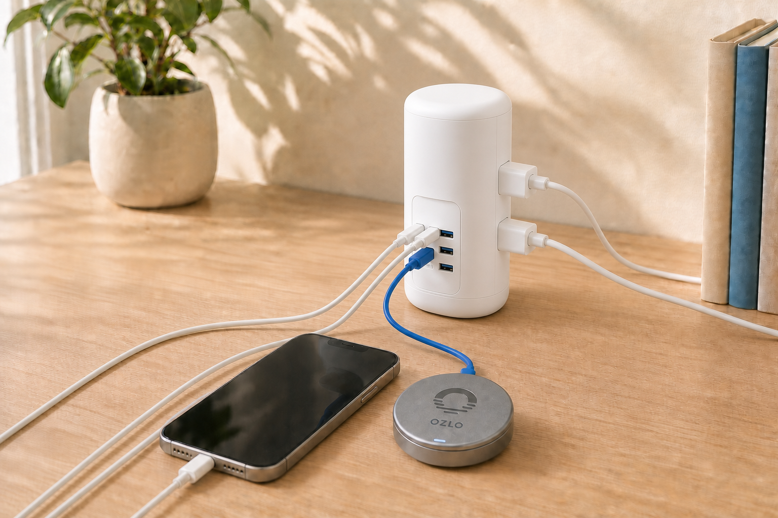 actual tall rounded charging tower with a phone and silver Ozlo Sleepbuds case on a neat desk
