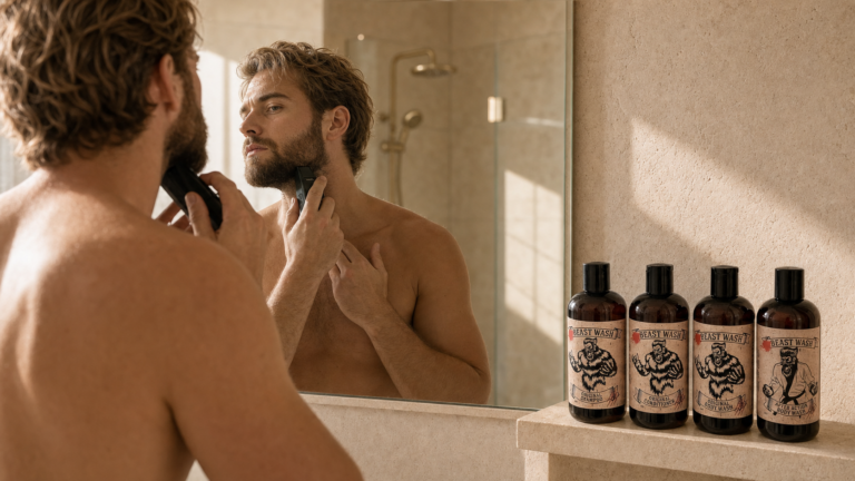 Young man grooming his beard with Johnny Slicks Beast Wash products in the shower